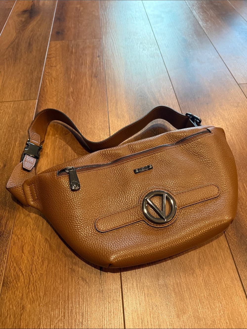 Valentino Tan Leather Belt Bag with Metal Logo